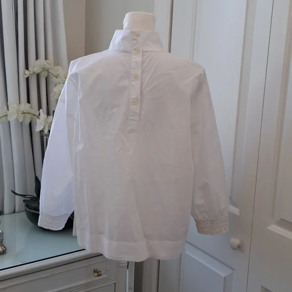 Everlane Womens White Cotton Smocked Neck Baby Doll Tunic Blouse Puff Sleeves MD - Picture 4 of 9